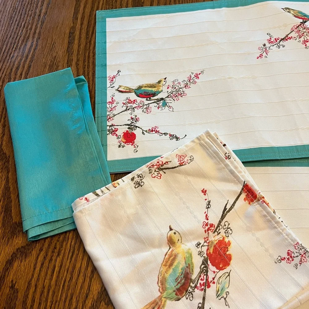 Lenox White Placemats and Napkins with Teal Trim and Multicolor Bird Motif